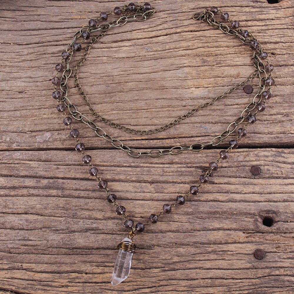 Triple Layer Clear Quartz Wire Wrap Pendant Necklace - Picture 2 of 3